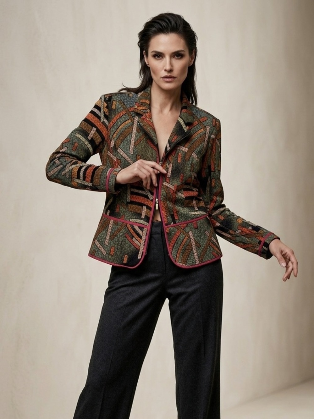 Joseph Ribkoff Vintage Abstract Zip Blazer Jacket Size 8 Earthy Geometric Retro